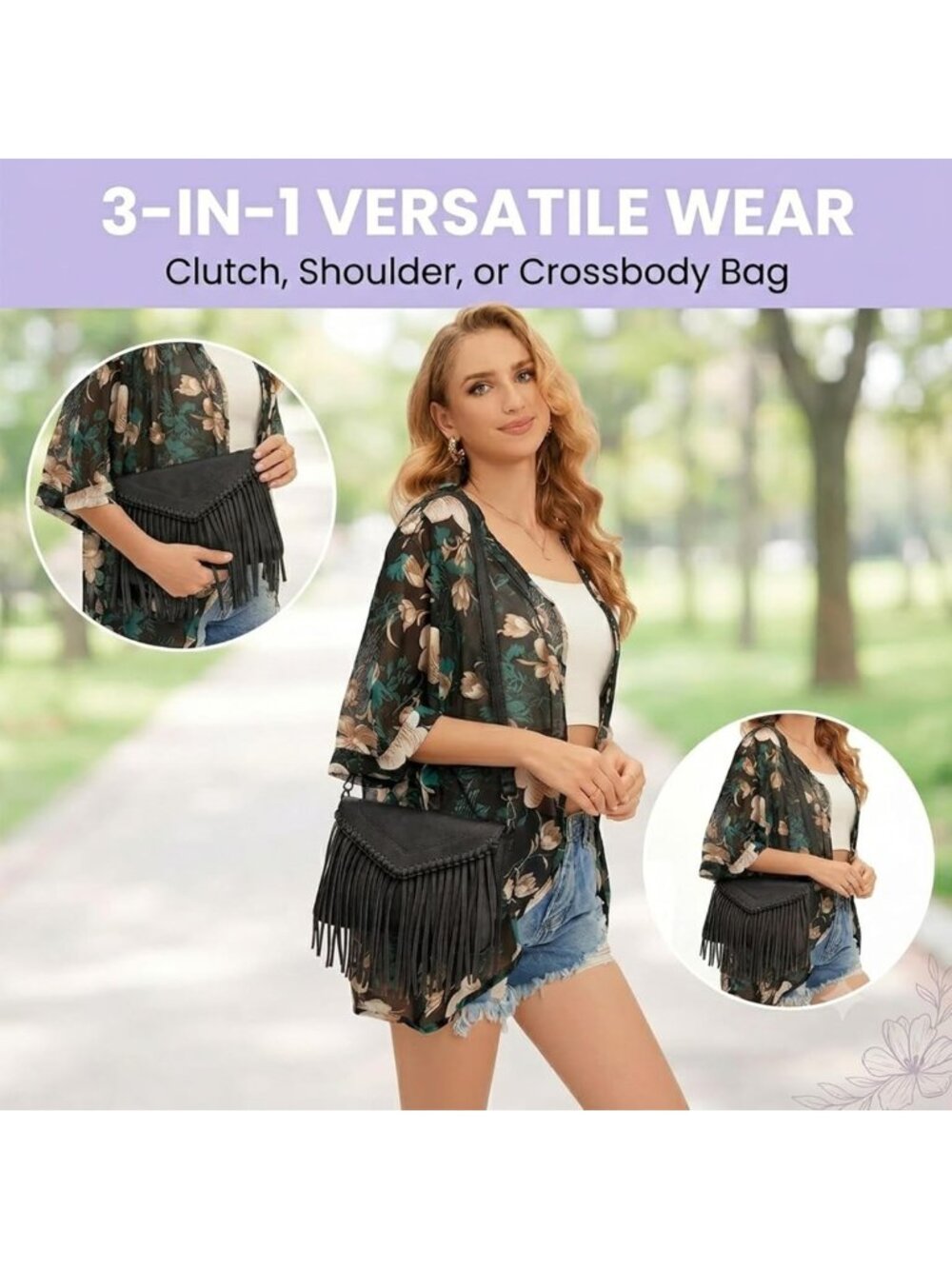 Vintage Leather Fringe Crossbody Bag | Boho Western Small Shoulder Purse with - Picture 3 of 6
